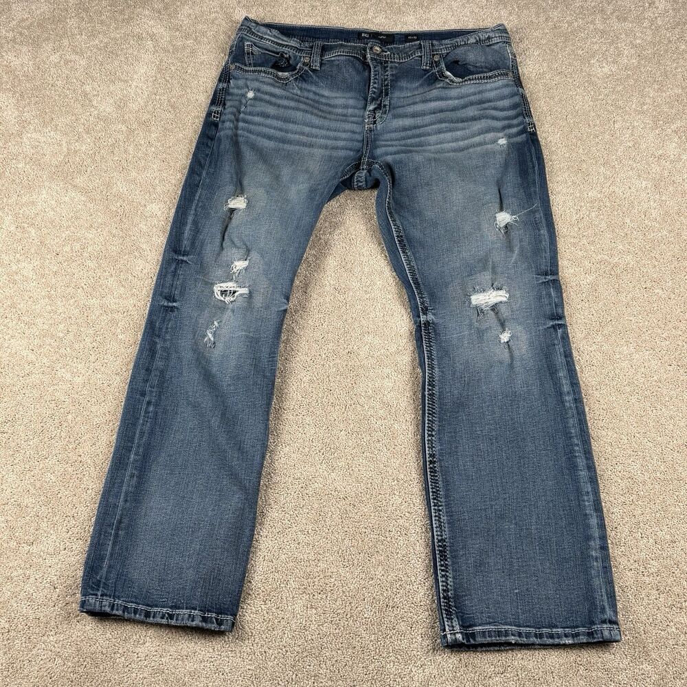 BKE Carter Bootcut Mens 32R 40x32 Wide Thick Stitch Distressed Blue Denim Jeans